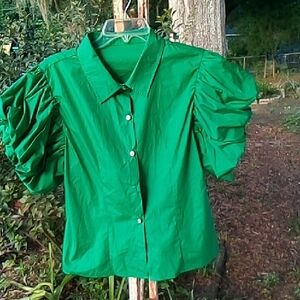SHEIN Green Button Down Puff Sleeve Shirt